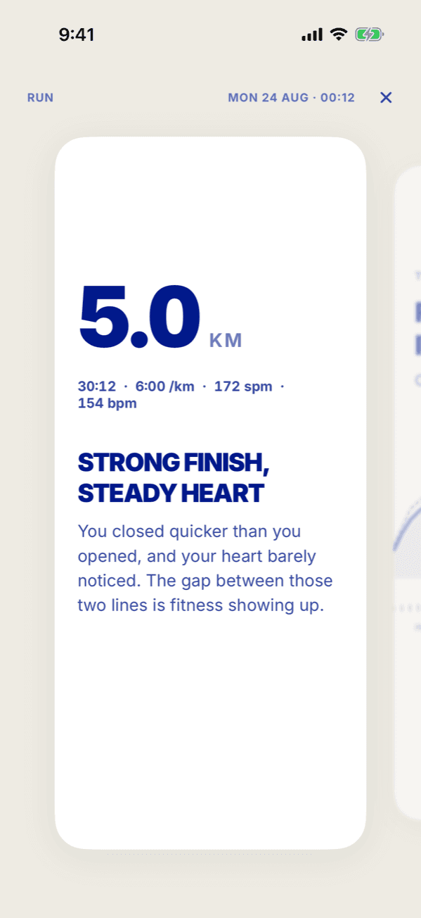 Jeani run: 5.0 km. Strong finish, steady heart