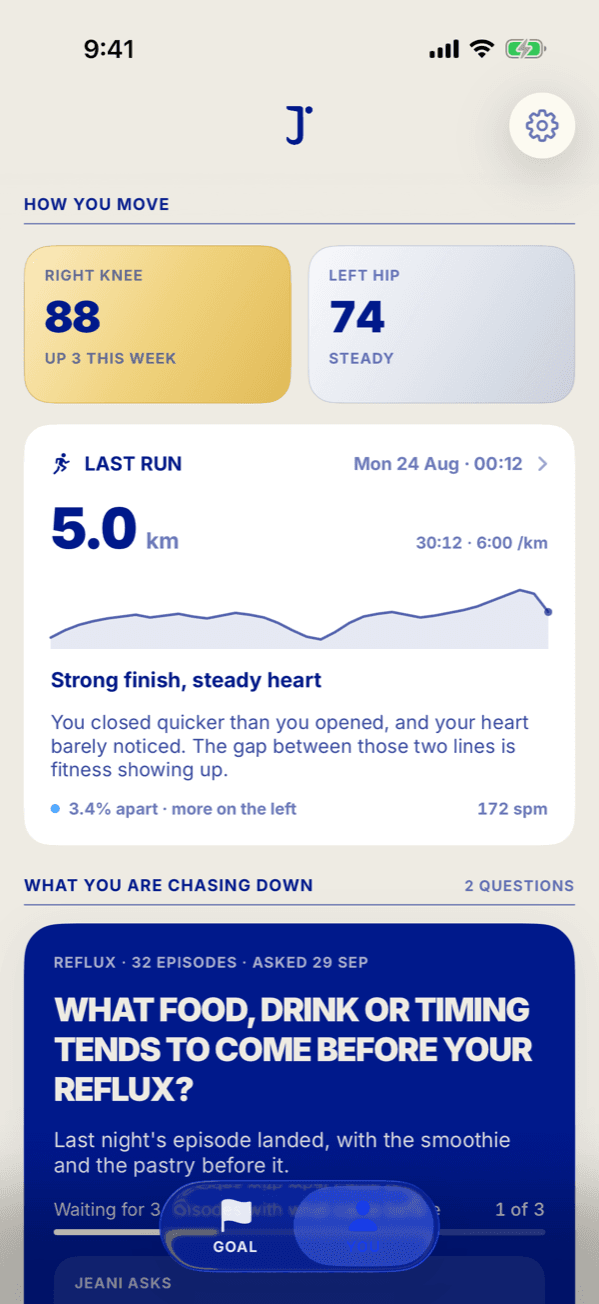 Jeani: How you move. Right knee 88, left hip 74. Last run 5.0 km