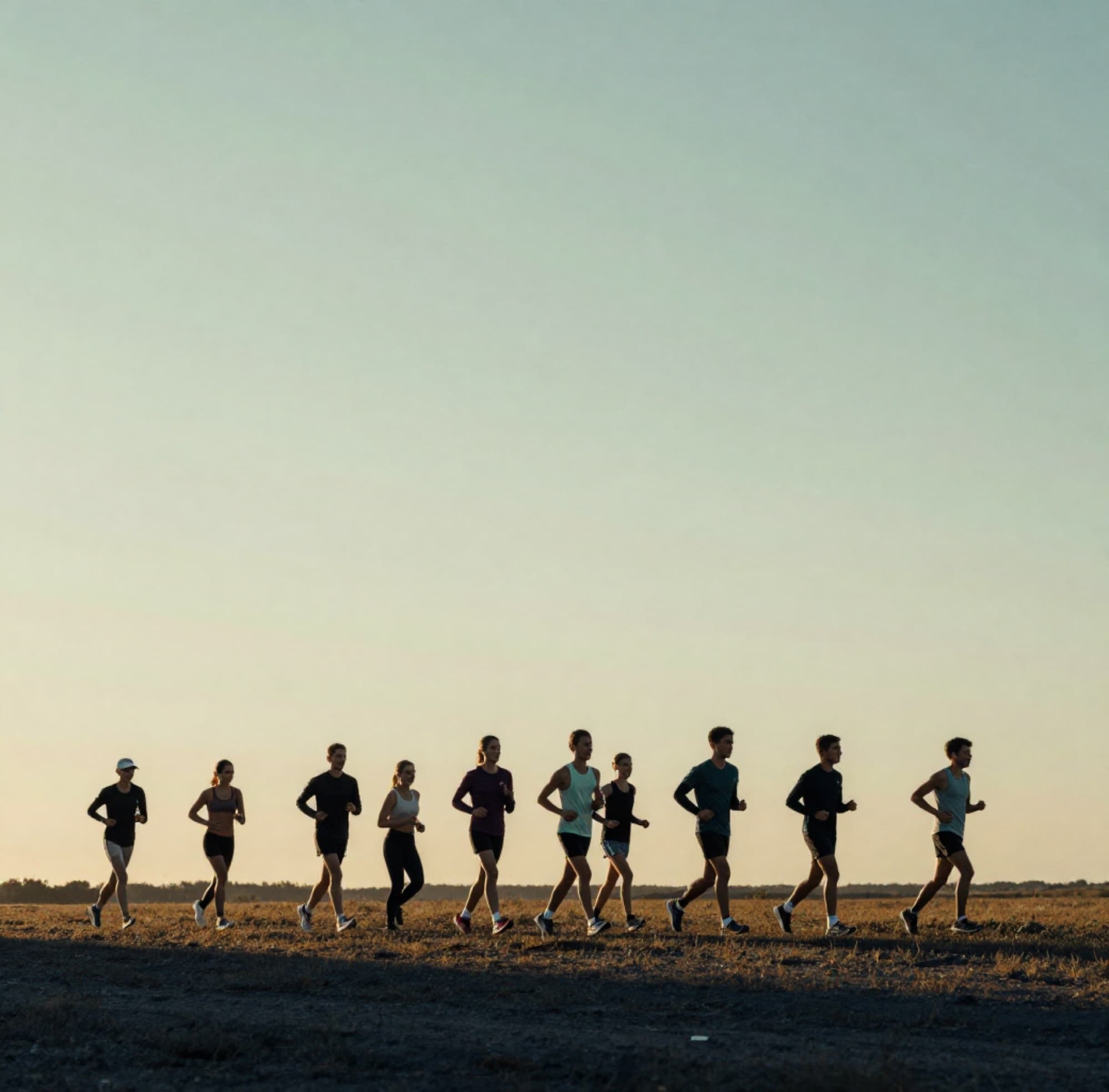 A line of runners silhouetted against a golden evening sky